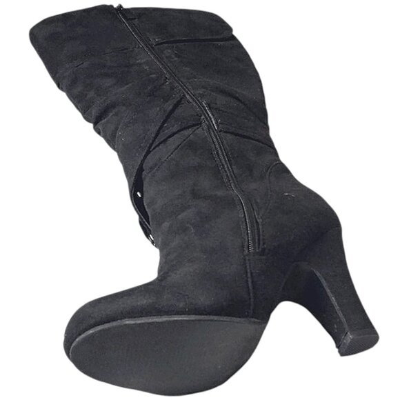 Metallic Studs Edgy Dual Buckles Slouch Knee High Suede Boot w/Silver Hardware - Picture 6 of 8